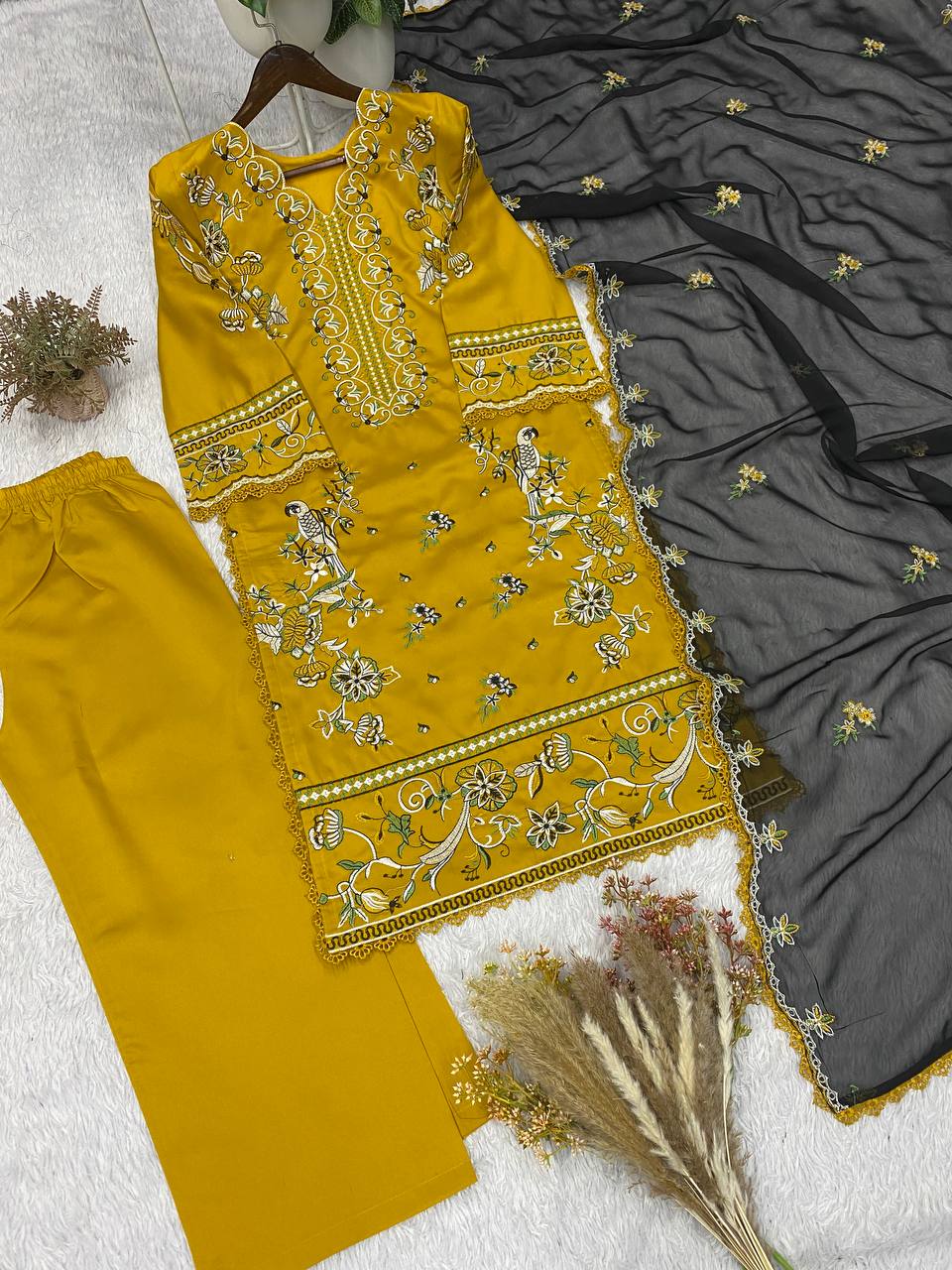 Mustard Yellow Roman Silk Embroidered Kurti & Plazzo Set with Georgette Dupatta