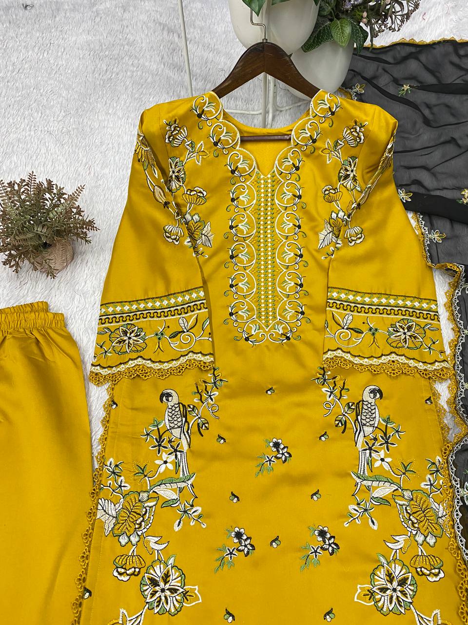 Mustard Yellow Roman Silk Embroidered Kurti & Plazzo Set with Georgette Dupatta