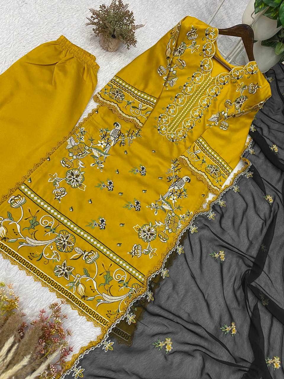 Mustard Yellow Roman Silk Embroidered Kurti & Plazzo Set with Georgette Dupatta