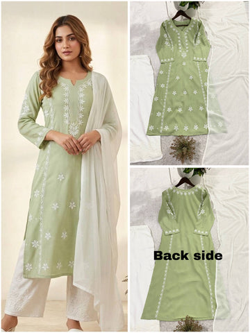 DESIGNER CHIKANKARI WORKED TOP PLAZZO AND PLAIN DUPATTA
