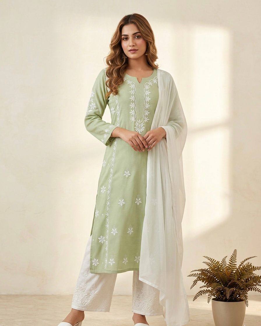 DESIGNER CHIKANKARI WORKED TOP PLAZZO AND PLAIN DUPATTA