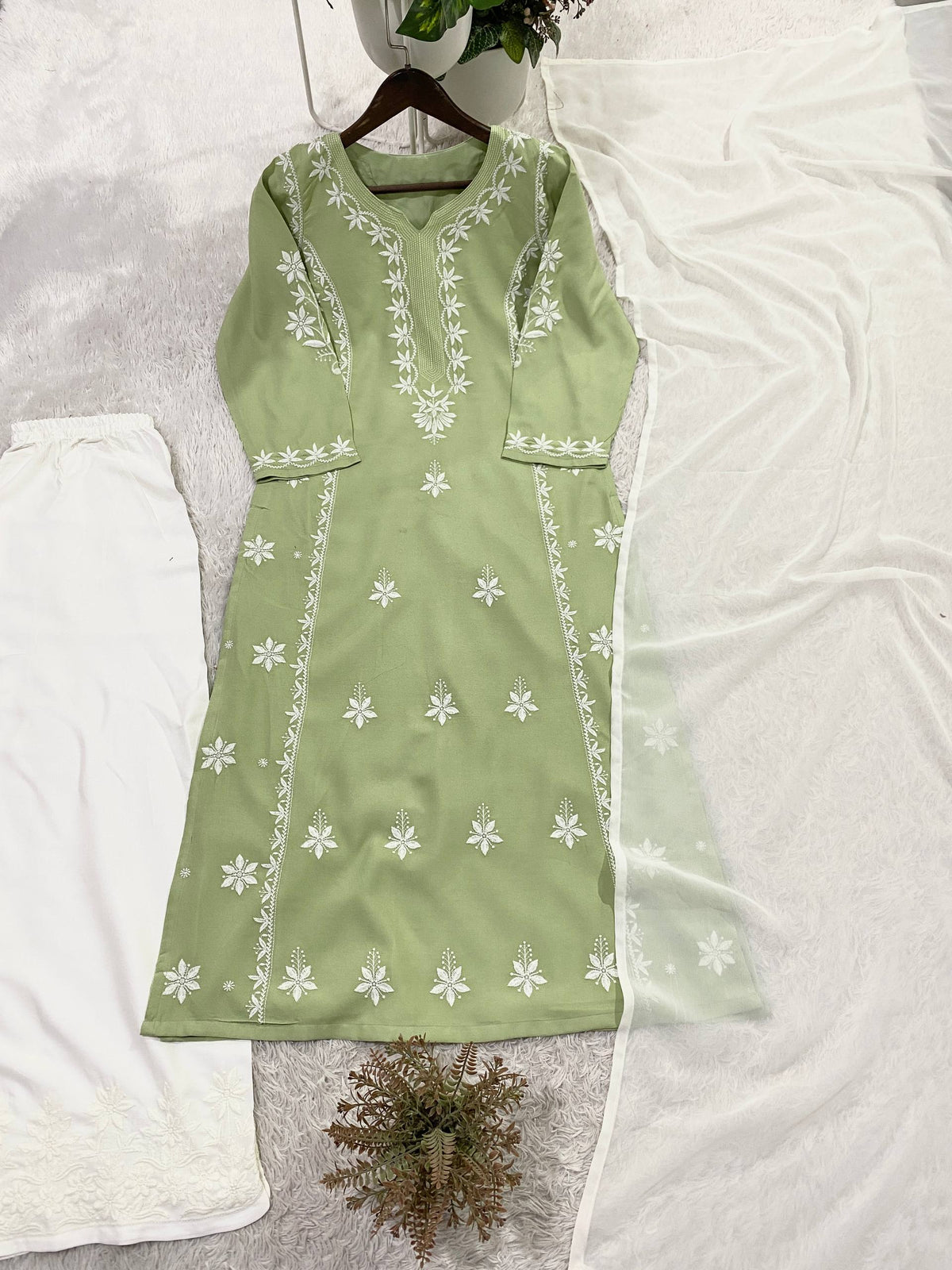 DESIGNER CHIKANKARI WORKED TOP PLAZZO AND PLAIN DUPATTA