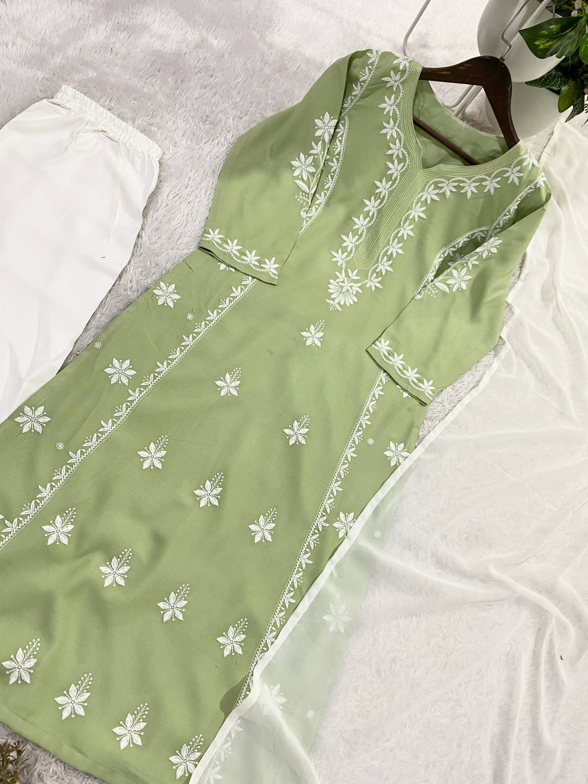 DESIGNER CHIKANKARI WORKED TOP PLAZZO AND PLAIN DUPATTA