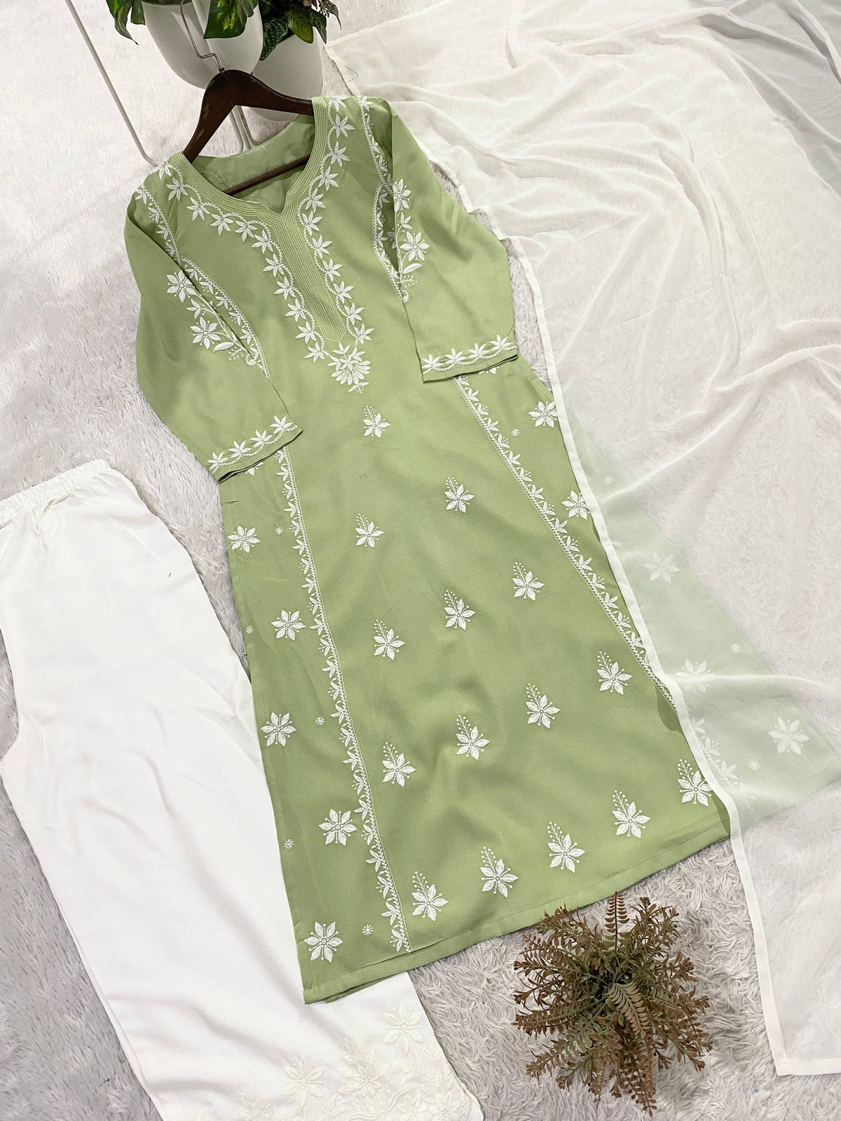 DESIGNER CHIKANKARI WORKED TOP PLAZZO AND PLAIN DUPATTA
