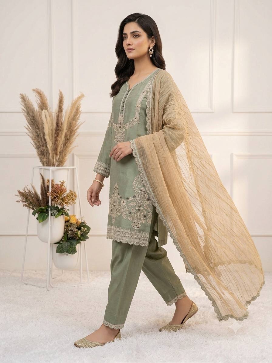 Designer Cording & Sequin Embroidered Top, Salwar & Dupatta Set