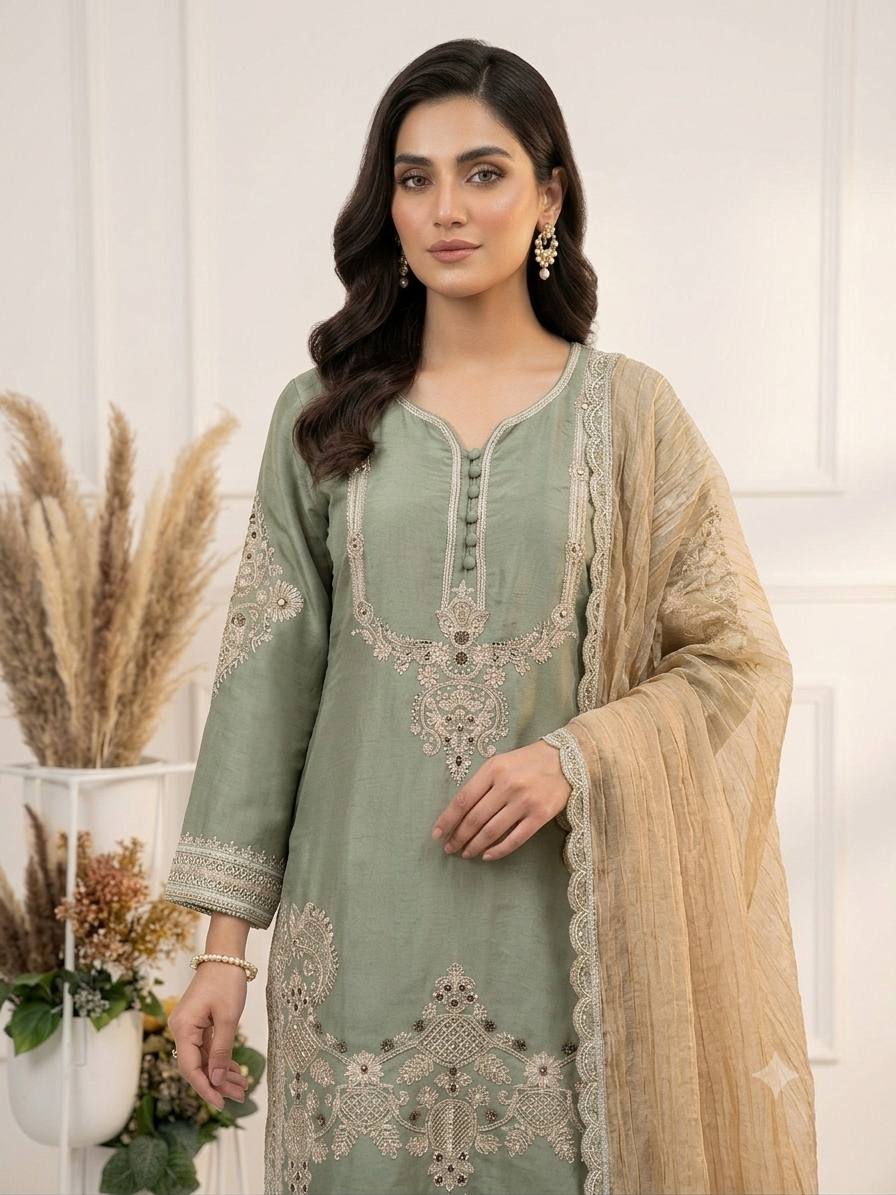 Designer Cording & Sequin Embroidered Top, Salwar & Dupatta Set