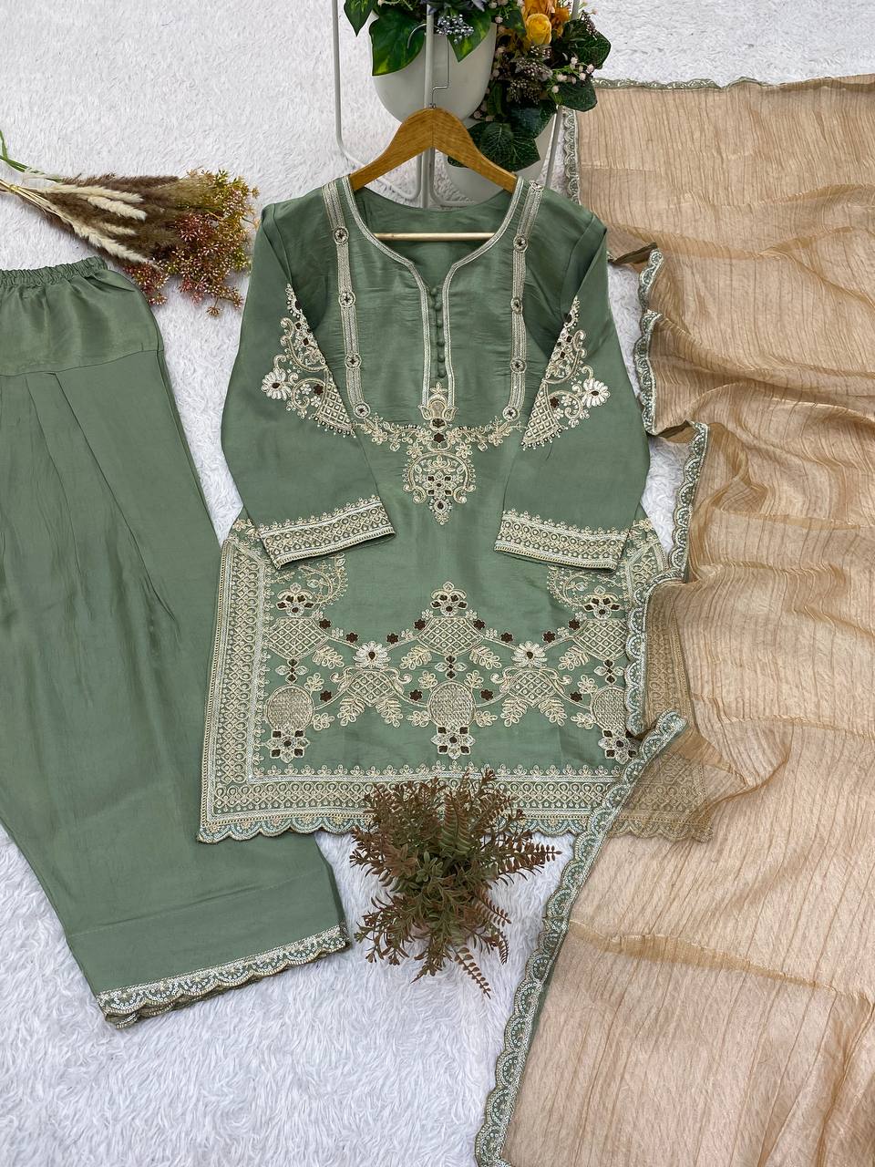Designer Cording & Sequin Embroidered Top, Salwar & Dupatta Set