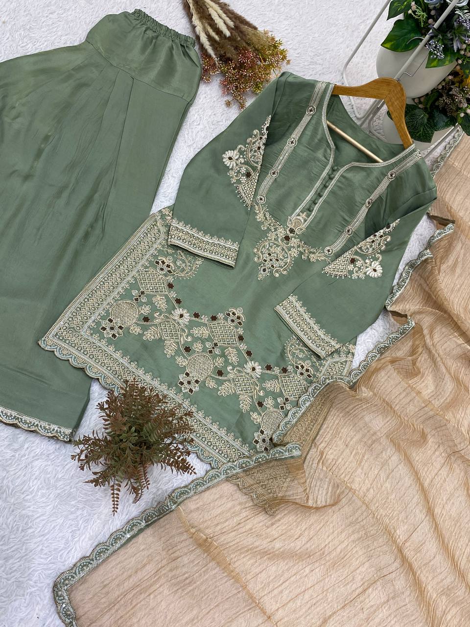 Designer Cording & Sequin Embroidered Top, Salwar & Dupatta Set