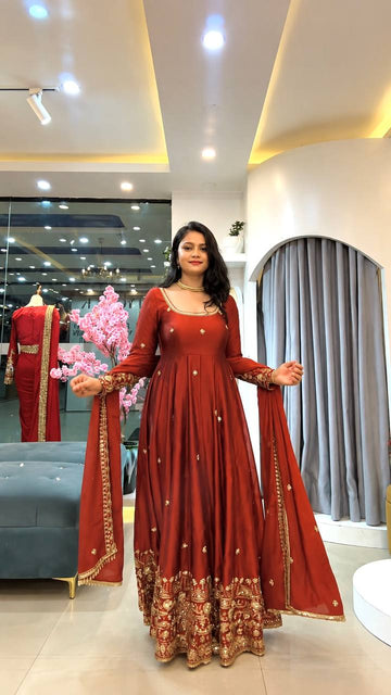 Designer Crunchy Silk Embroidered Gown Set