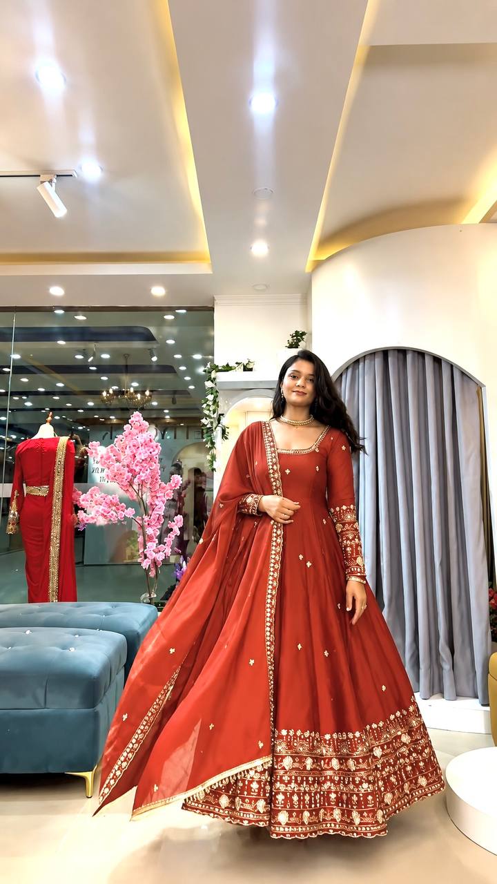 Designer Crunchy Silk Embroidered Gown Set