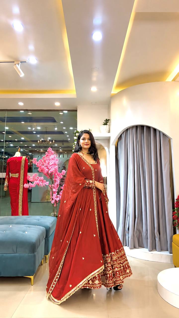 Designer Crunchy Silk Embroidered Gown Set