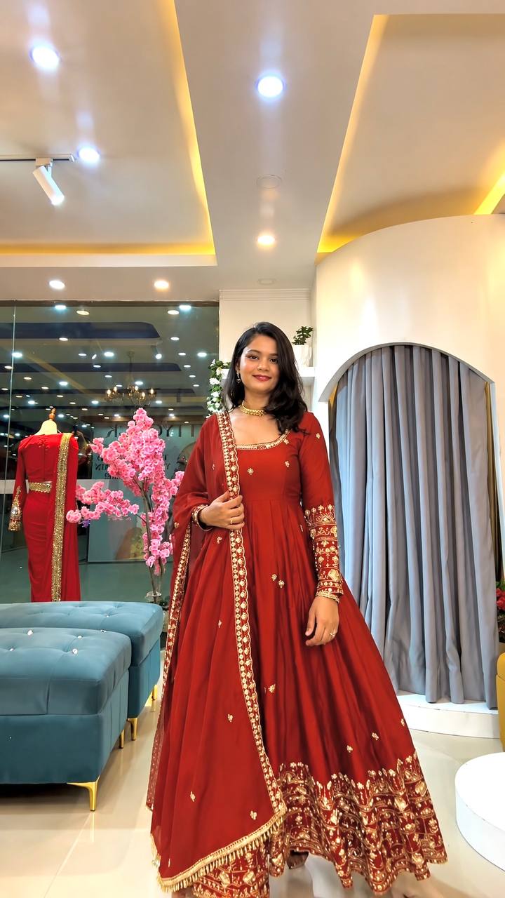 Designer Crunchy Silk Embroidered Gown Set