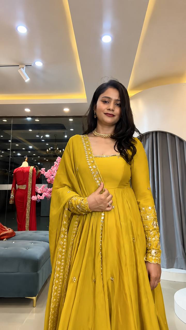 Designer Crunchy Silk Embroidered Gown Set