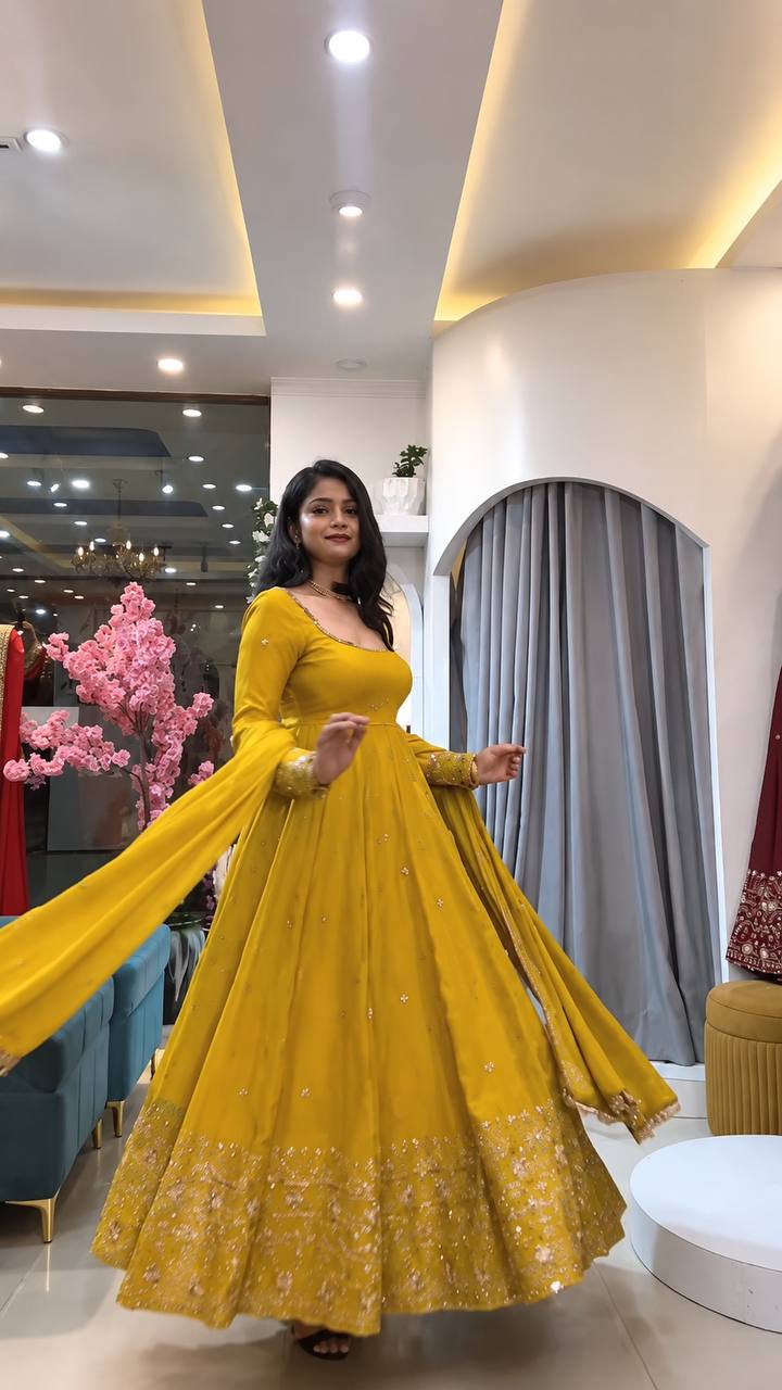 Designer Crunchy Silk Embroidered Gown Set
