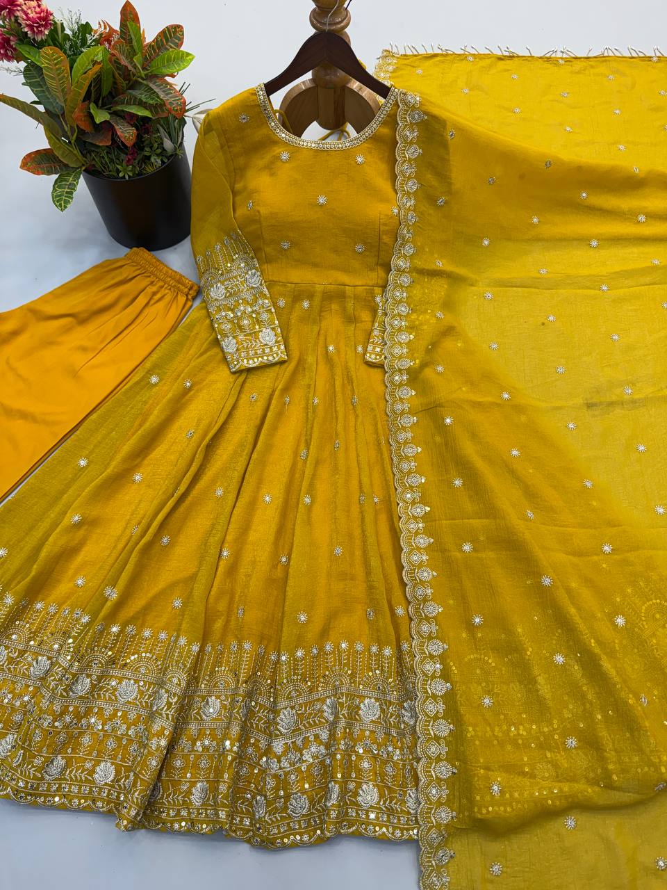 Designer Crunchy Silk Embroidered Gown Set
