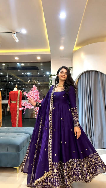 Designer Crunchy Silk Embroidered Gown Set