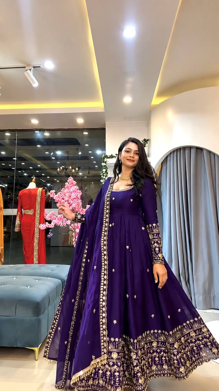 Designer Crunchy Silk Embroidered Gown Set