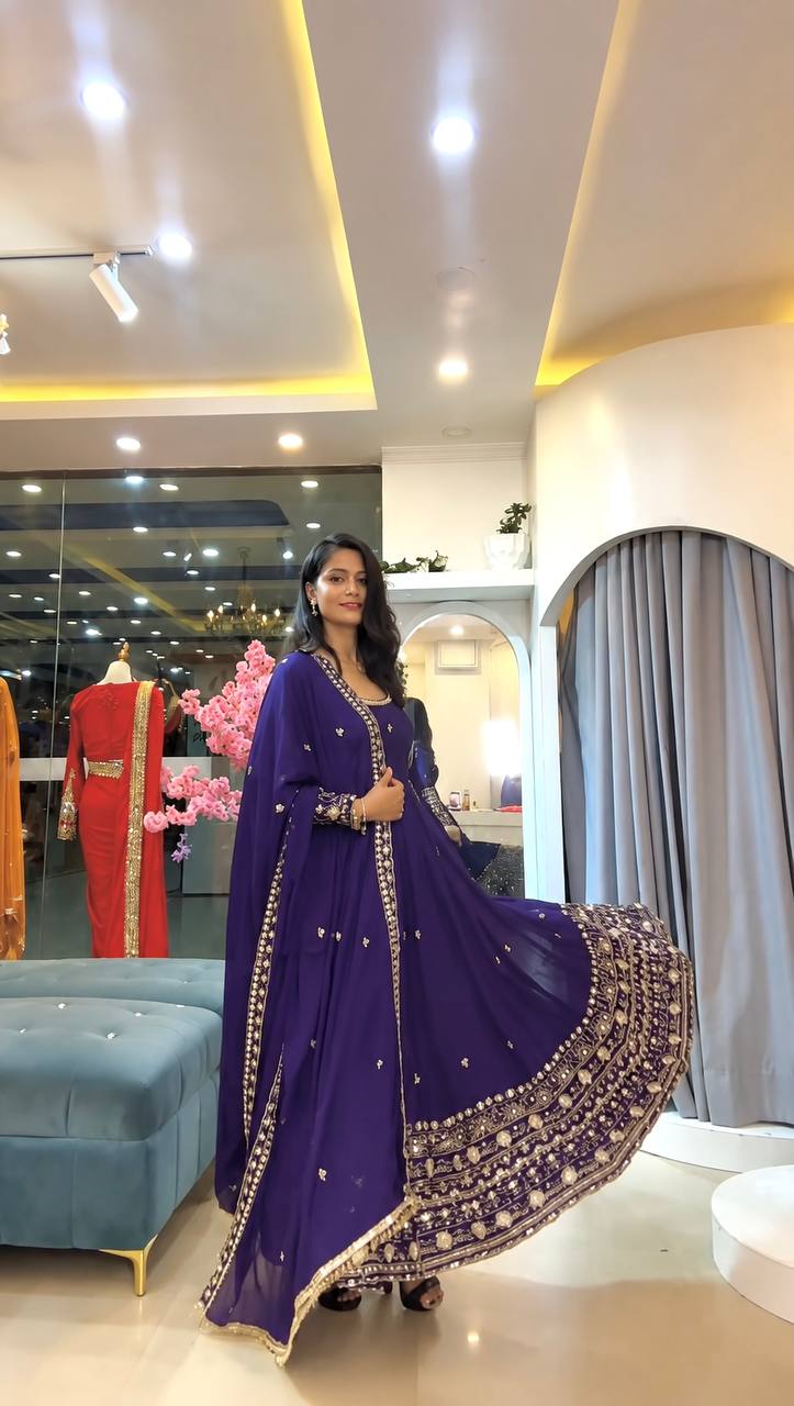 Designer Crunchy Silk Embroidered Gown Set