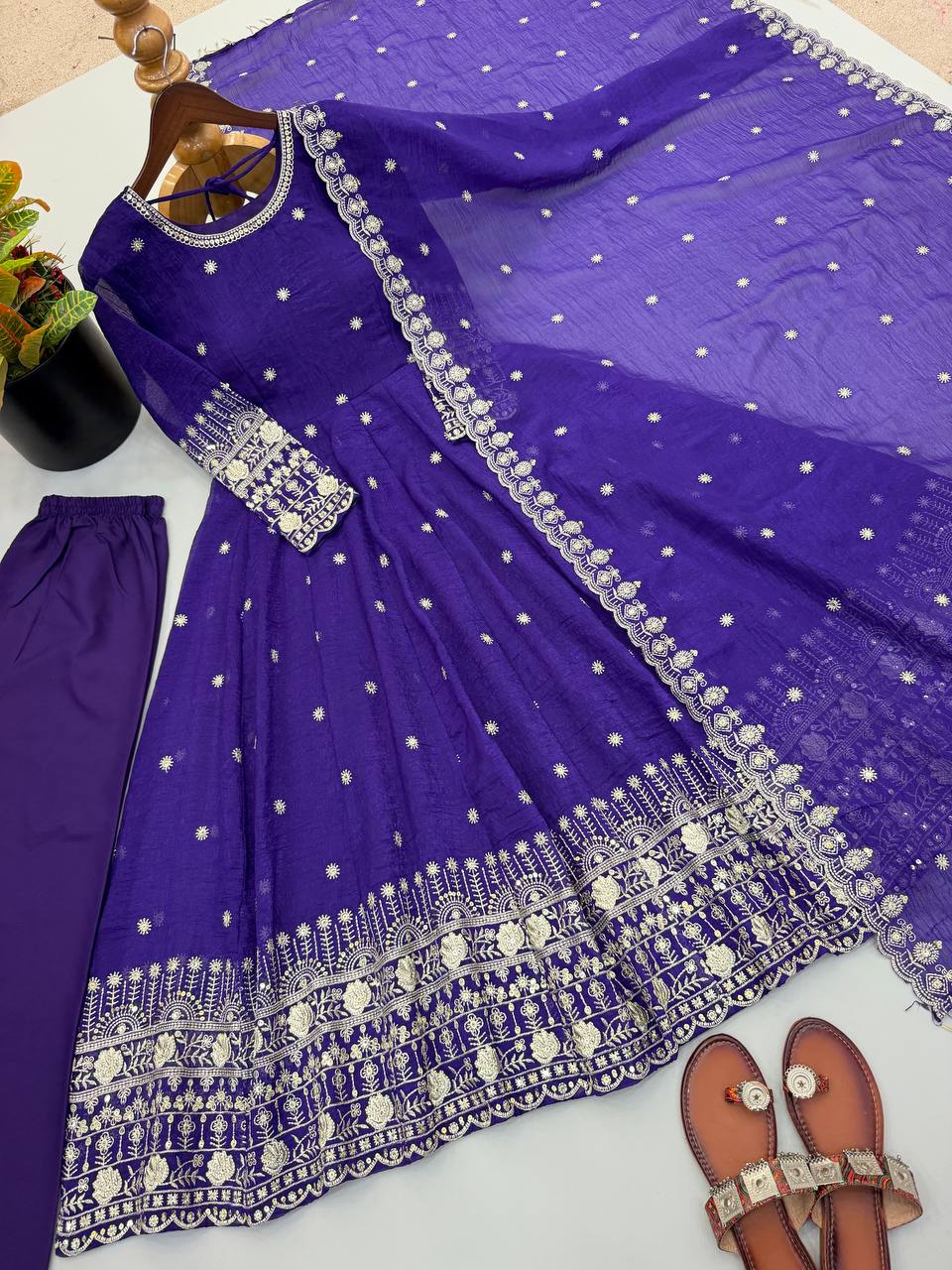Designer Crunchy Silk Embroidered Gown Set