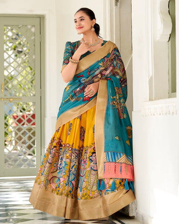 Royal Mustard & Teal Kalamkari Print Tussar Silk Lehenga Set