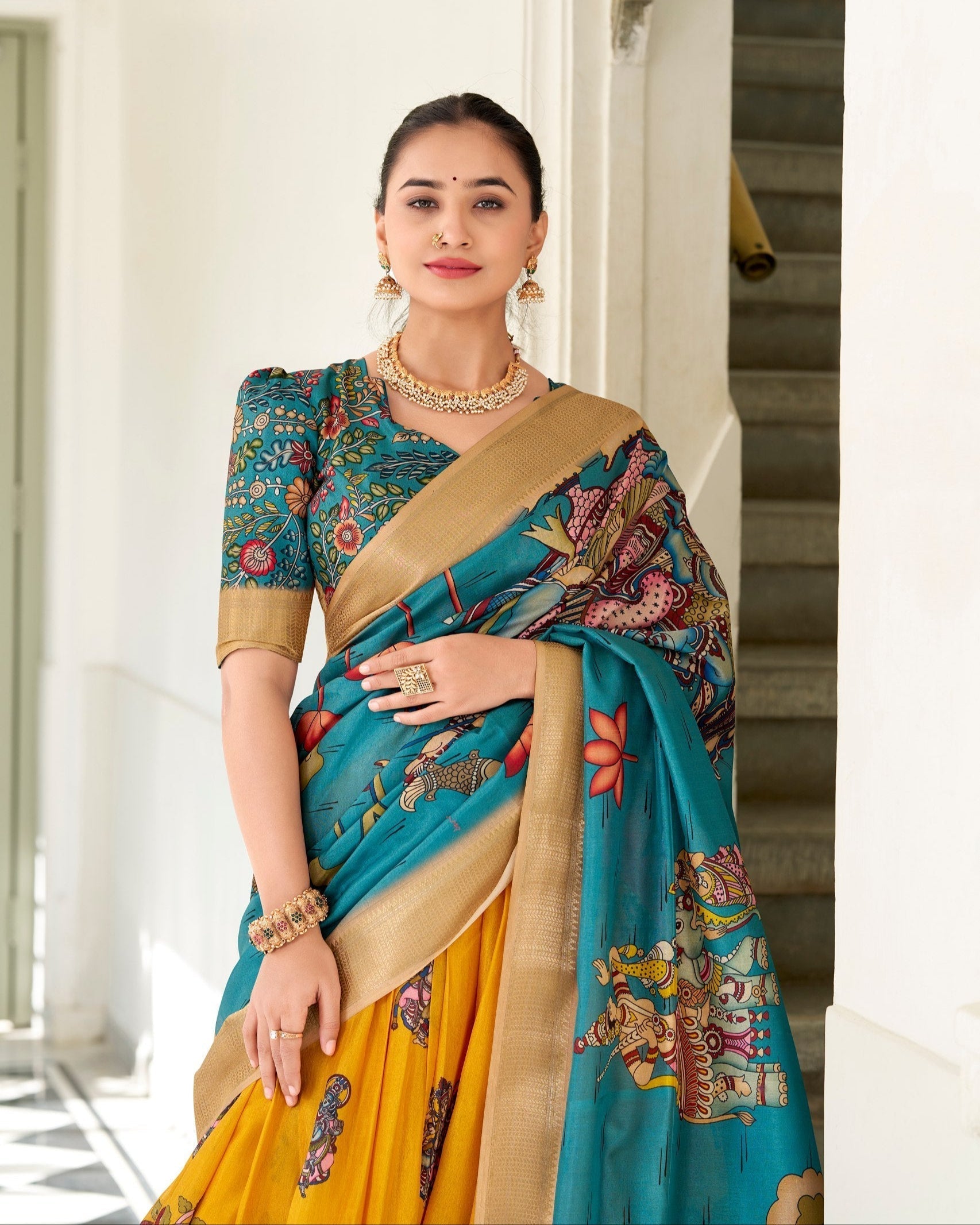 Royal Mustard & Teal Kalamkari Print Tussar Silk Lehenga Set
