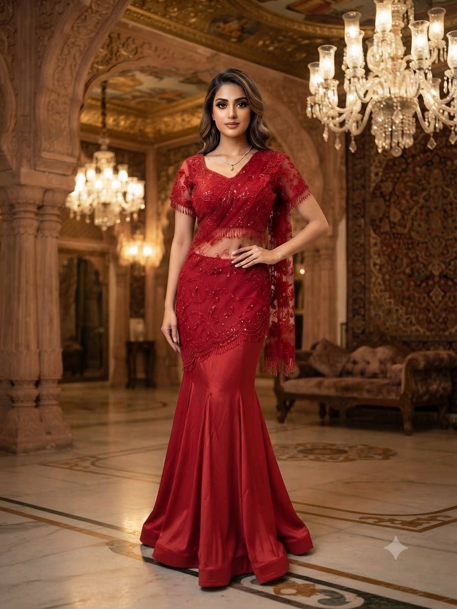 Embroidered Ready-to-Wear Saree with Stitched Blouse