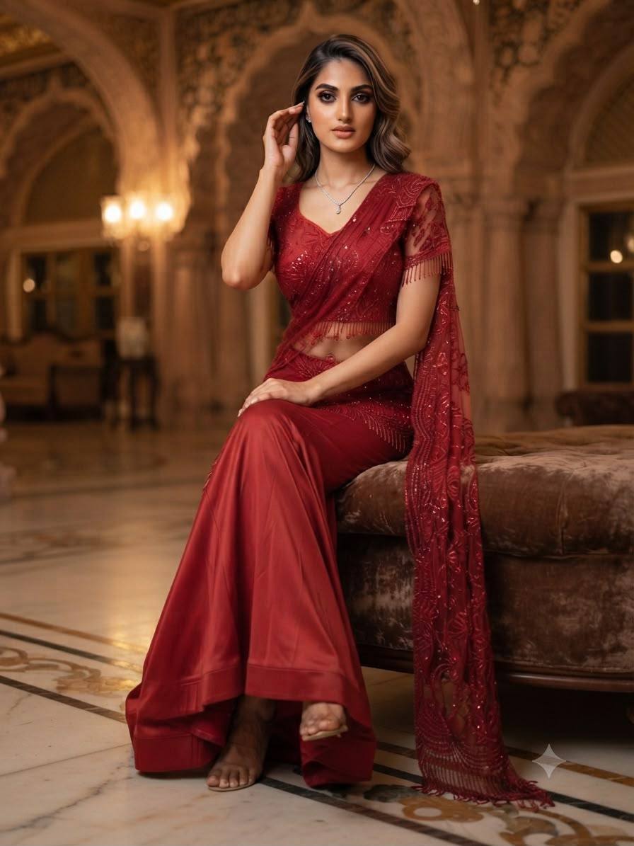 Embroidered Ready-to-Wear Saree with Stitched Blouse