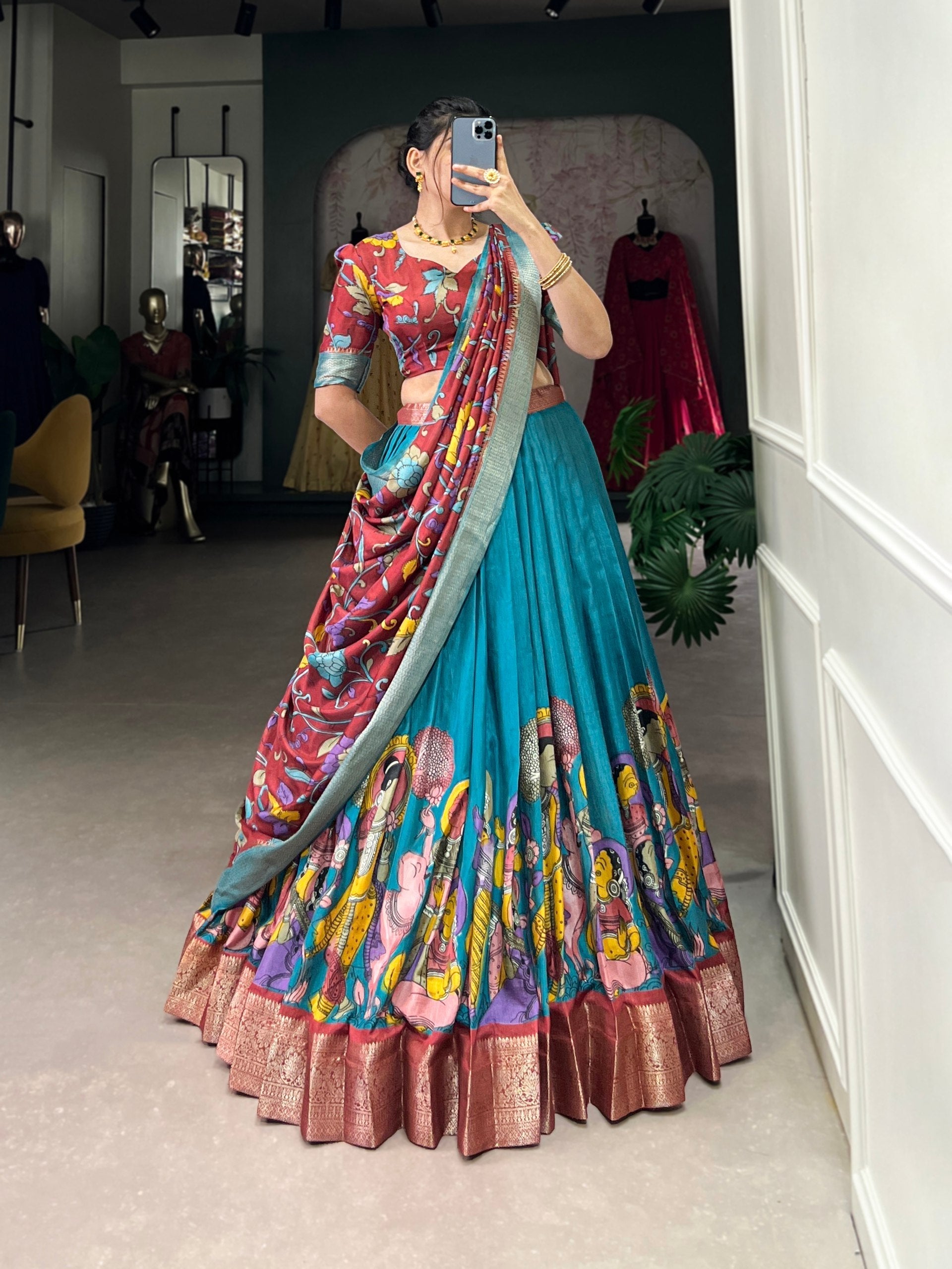 Aqua Blue & Rust Dola Silk Kalamkari Lehenga Set with Zari Weaving Border