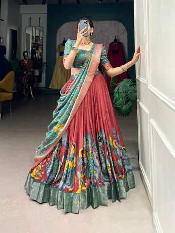 Rust Kalamkari Print Dola Silk Lehenga Set-Elegant Green