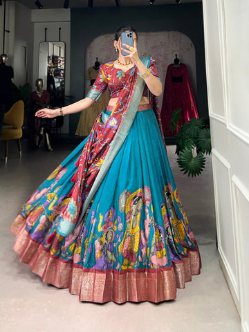 Aqua Blue & Rust Dola Silk Kalamkari Lehenga Set with Zari Weaving Border