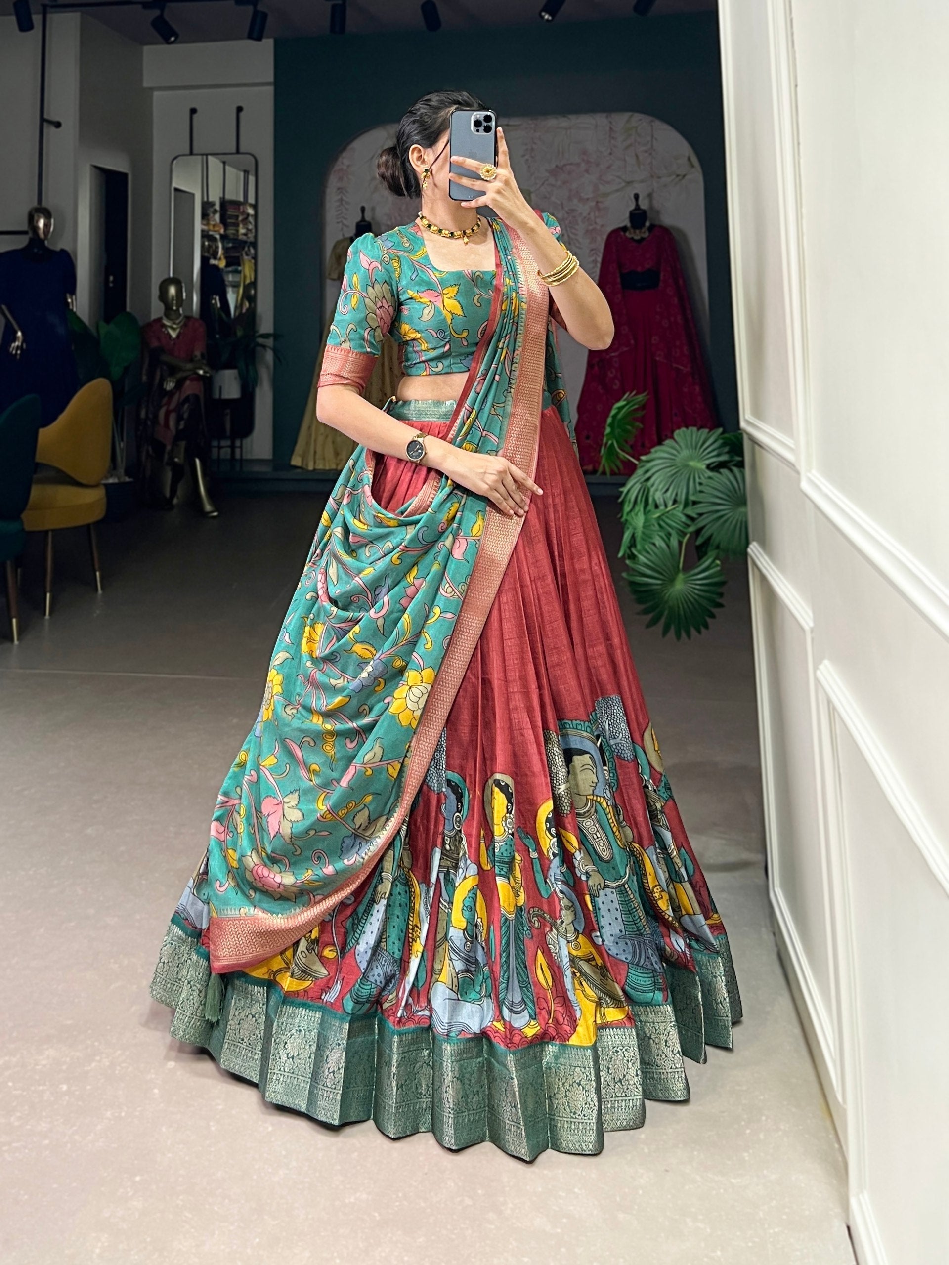 Rust Kalamkari Print Dola Silk Lehenga Set-Elegant Green