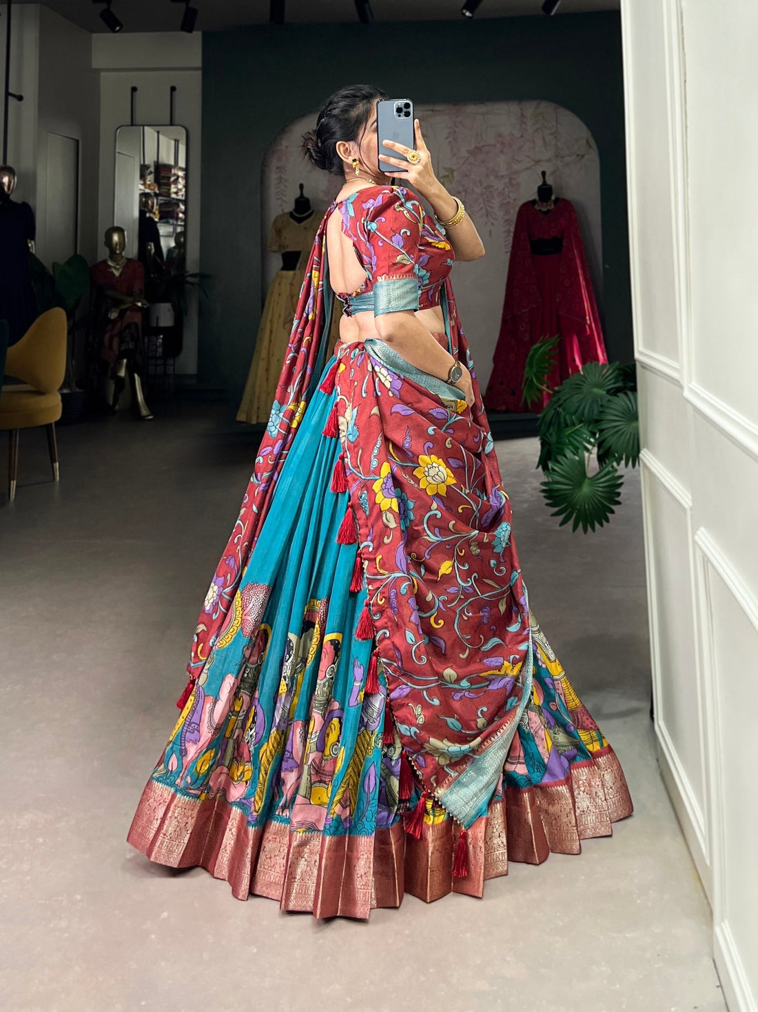 Aqua Blue & Rust Dola Silk Kalamkari Lehenga Set with Zari Weaving Border