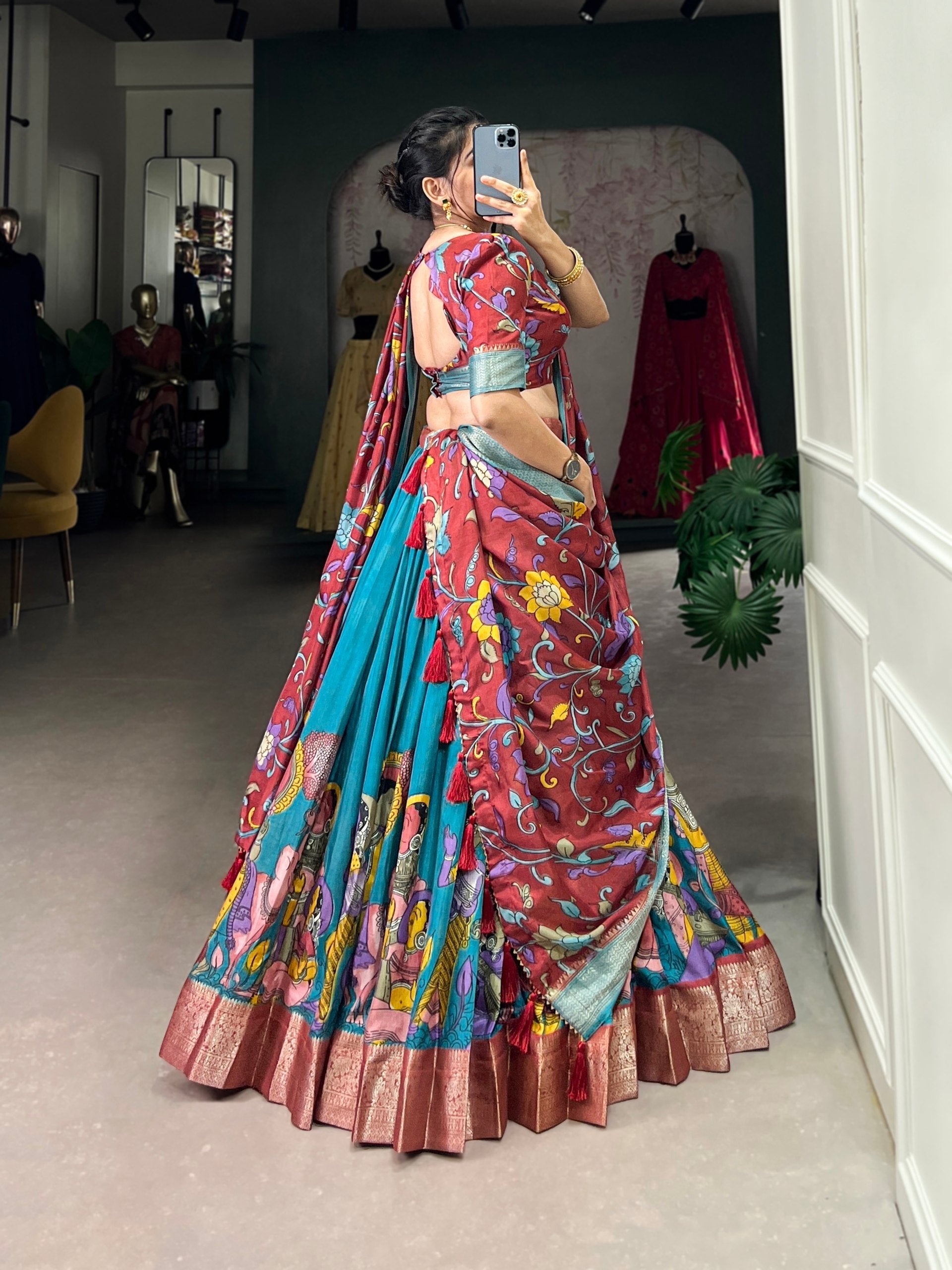Aqua Blue & Rust Dola Silk Kalamkari Lehenga Set with Zari Weaving Border