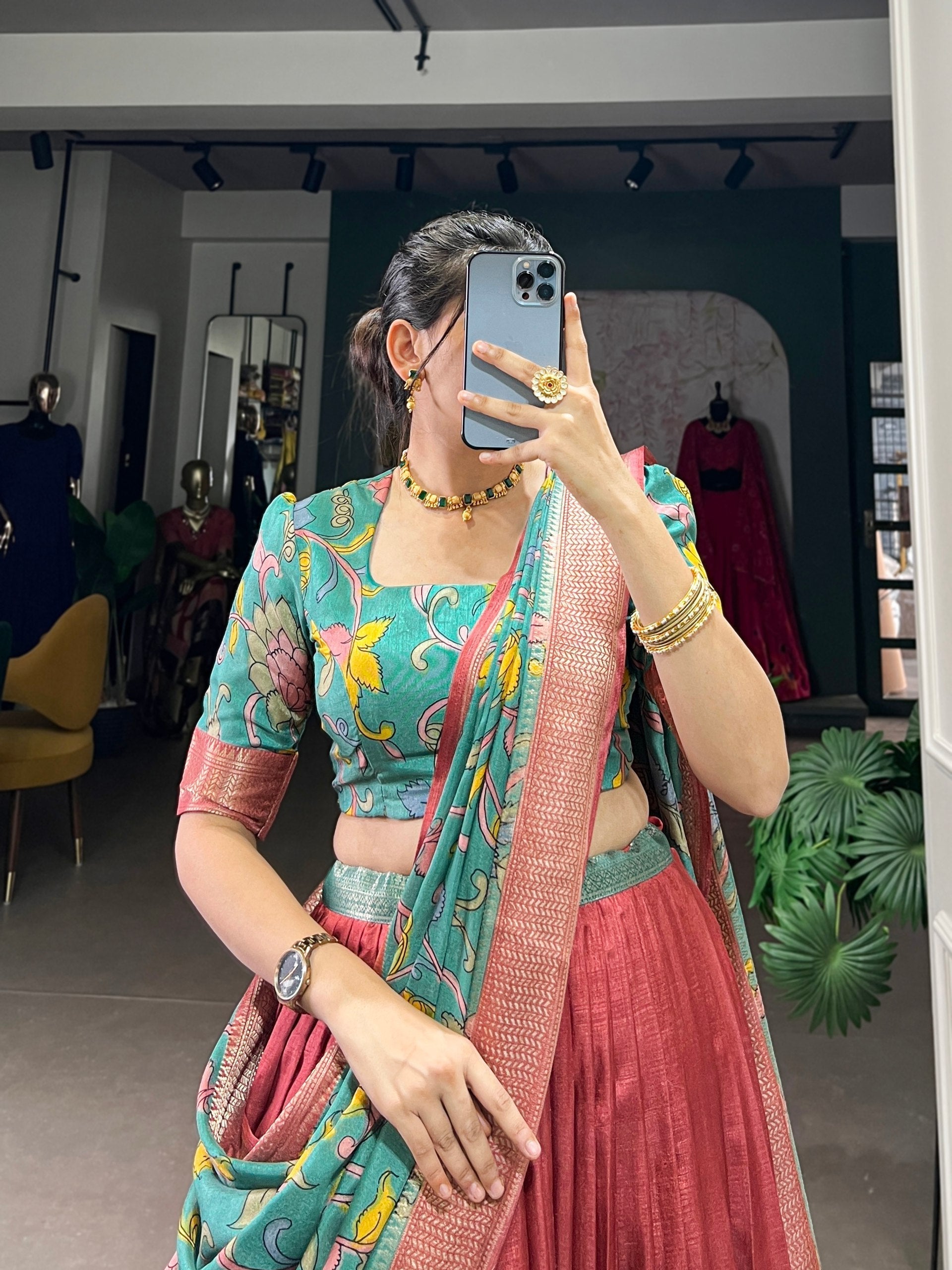 Rust Kalamkari Print Dola Silk Lehenga Set-Elegant Green