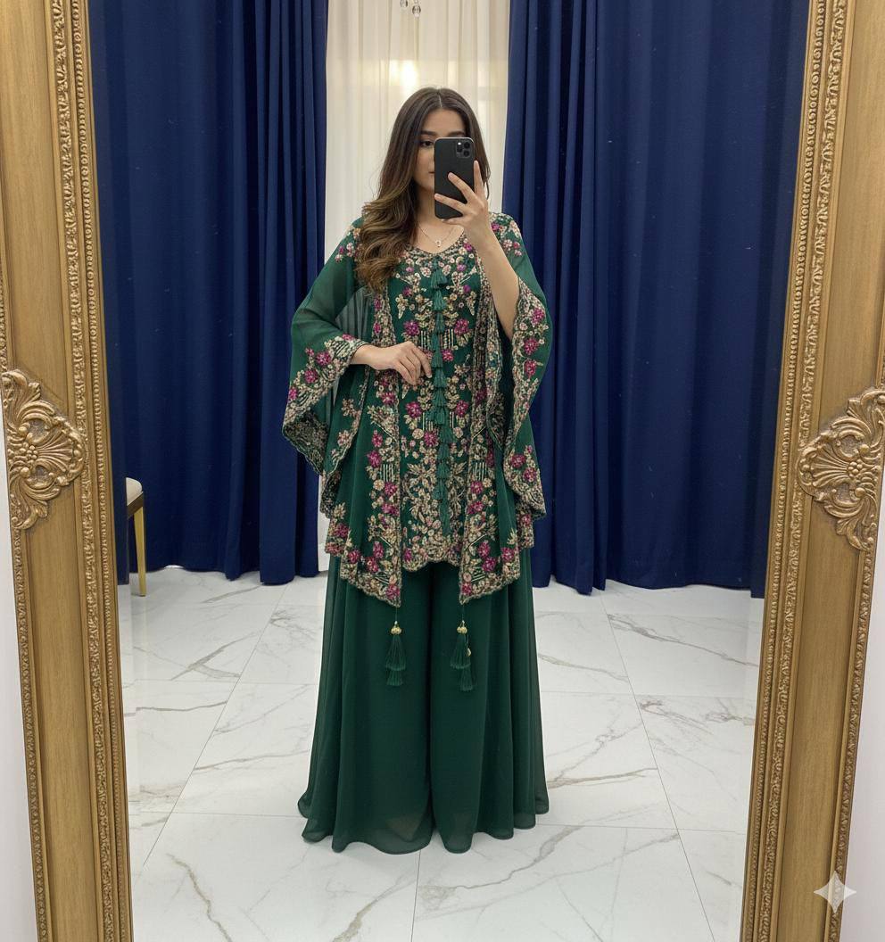 Elegant Designer Sequence Embroidered Kurta Palazzo With Shrug