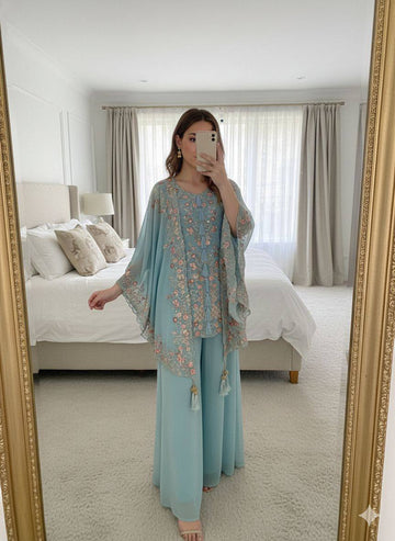 Elegant Designer Sequence Embroidered Kurta Palazzo With Shrug
