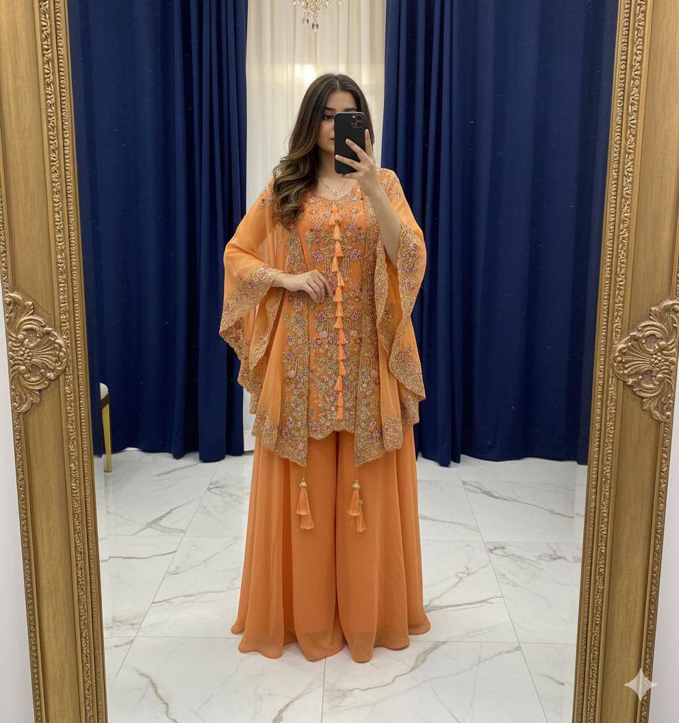 Elegant Designer Sequence Embroidered Kurta Palazzo With Shrug
