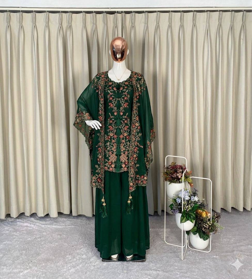 Elegant Designer Sequence Embroidered Kurta Palazzo With Shrug