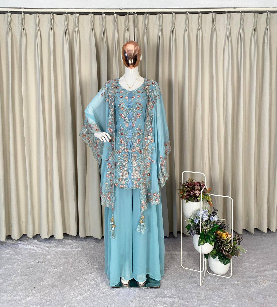 Elegant Designer Sequence Embroidered Kurta Palazzo With Shrug