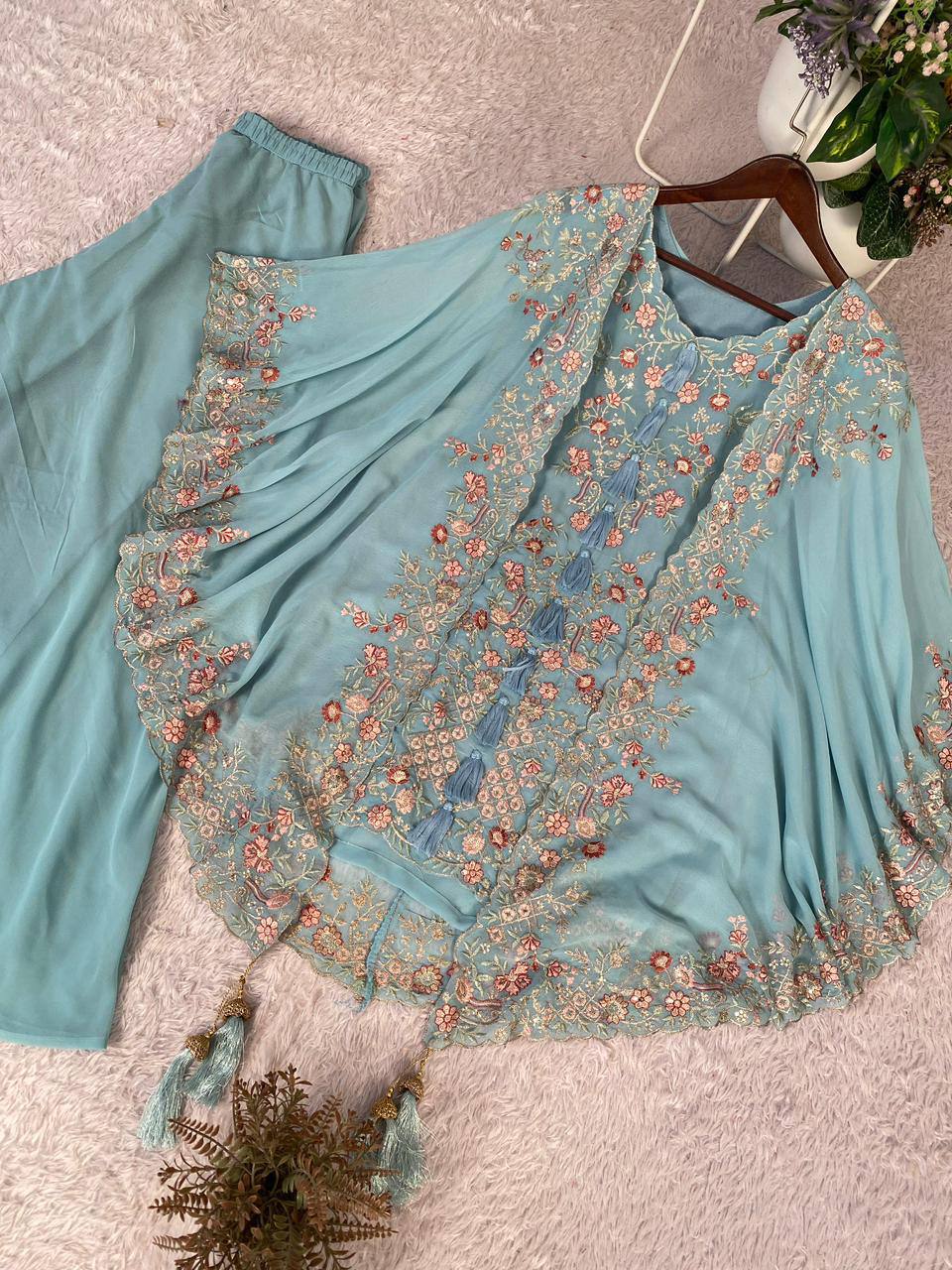 Elegant Designer Sequence Embroidered Kurta Palazzo With Shrug