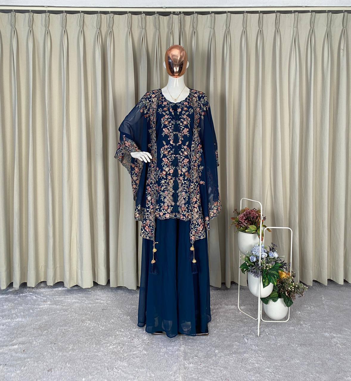 Elegant Designer Sequence Embroidered Kurta Palazzo With Shrug