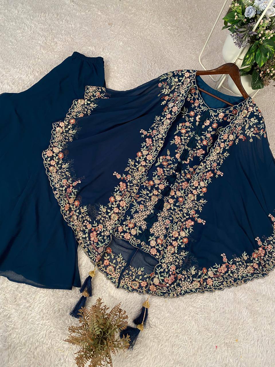 Elegant Designer Sequence Embroidered Kurta Palazzo With Shrug