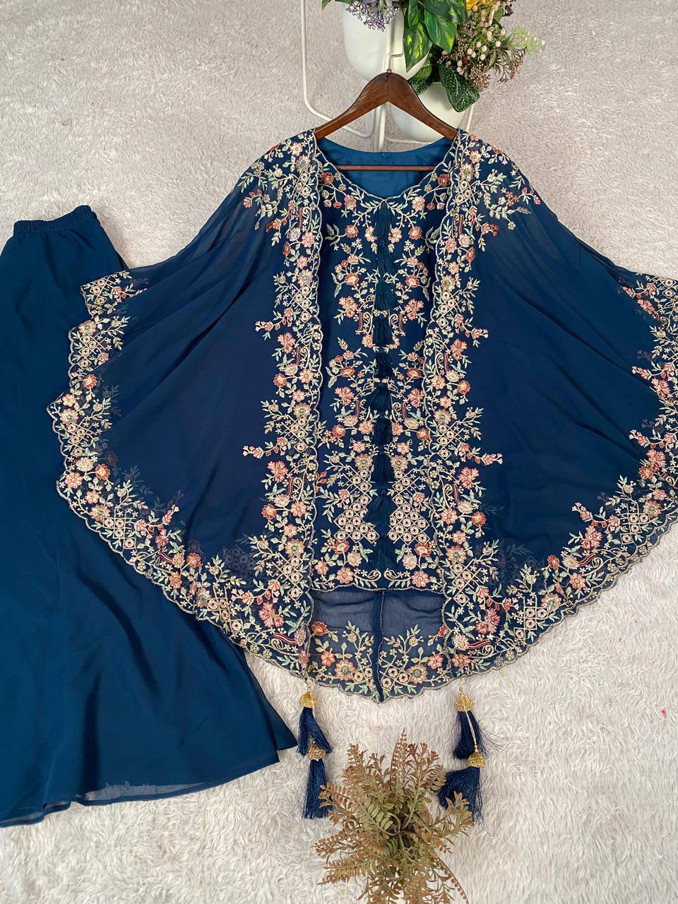 Elegant Designer Sequence Embroidered Kurta Palazzo With Shrug