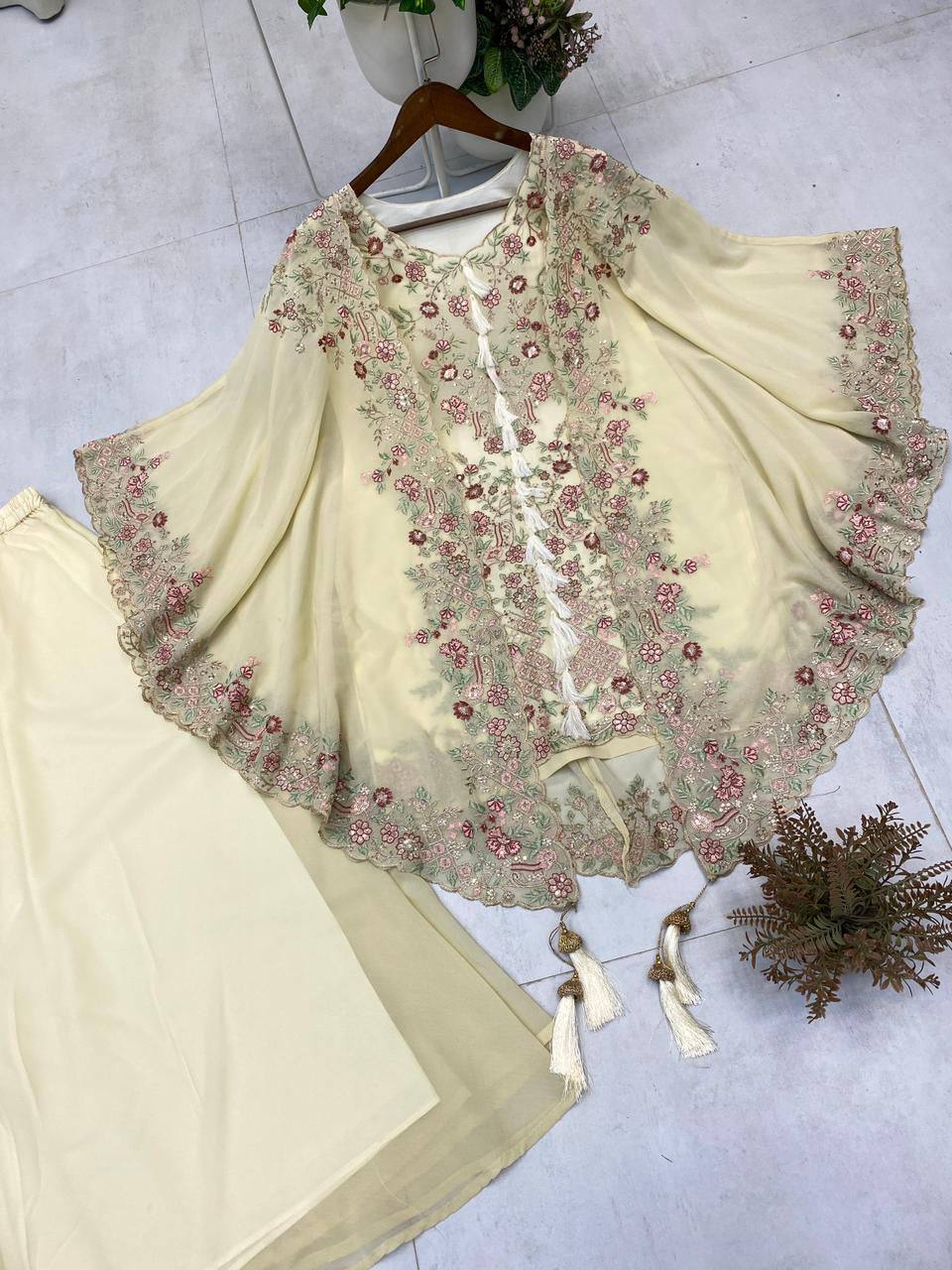 Elegant Designer Sequence Embroidered Kurta Palazzo With Shrug