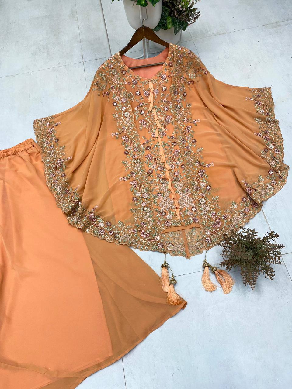 Elegant Designer Sequence Embroidered Kurta Palazzo With Shrug