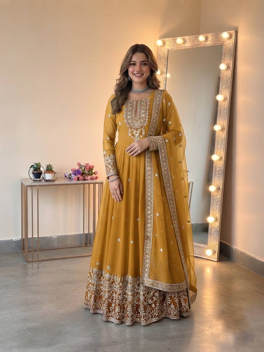Designer Heavy Georgette Embroidered Gown Set