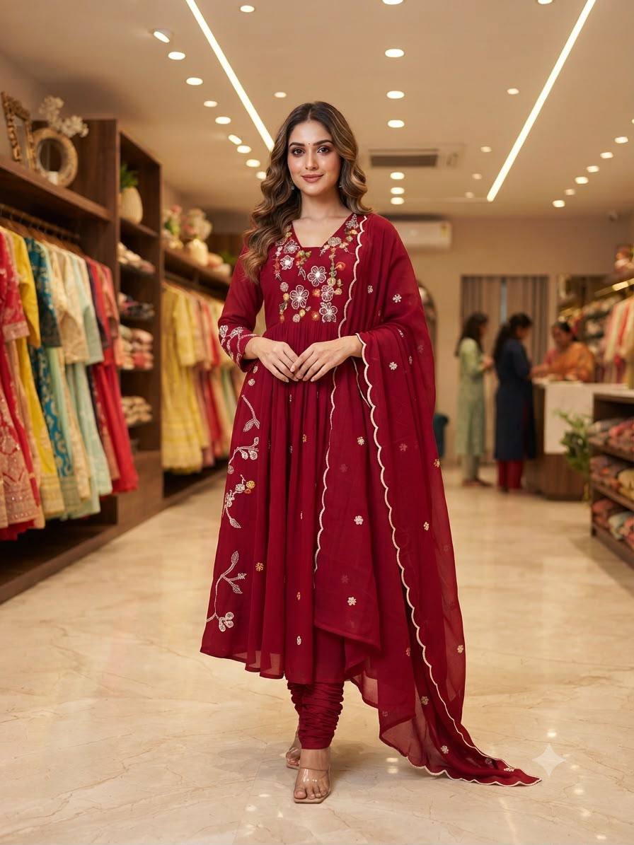 Designer Maroon Rust-Red Embroidered Salwar Suit Set