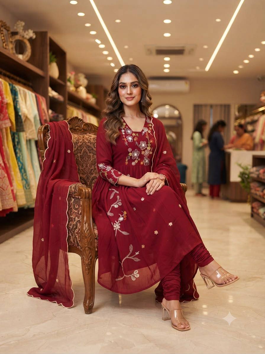 Designer Maroon Rust-Red Embroidered Salwar Suit Set