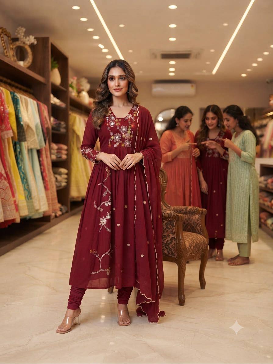 Designer Maroon Rust-Red Embroidered Salwar Suit Set