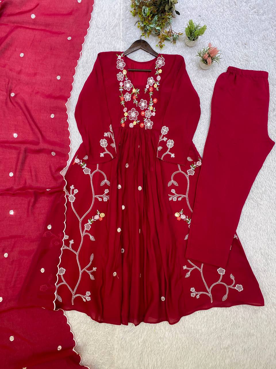Designer Maroon Rust-Red Embroidered Salwar Suit Set